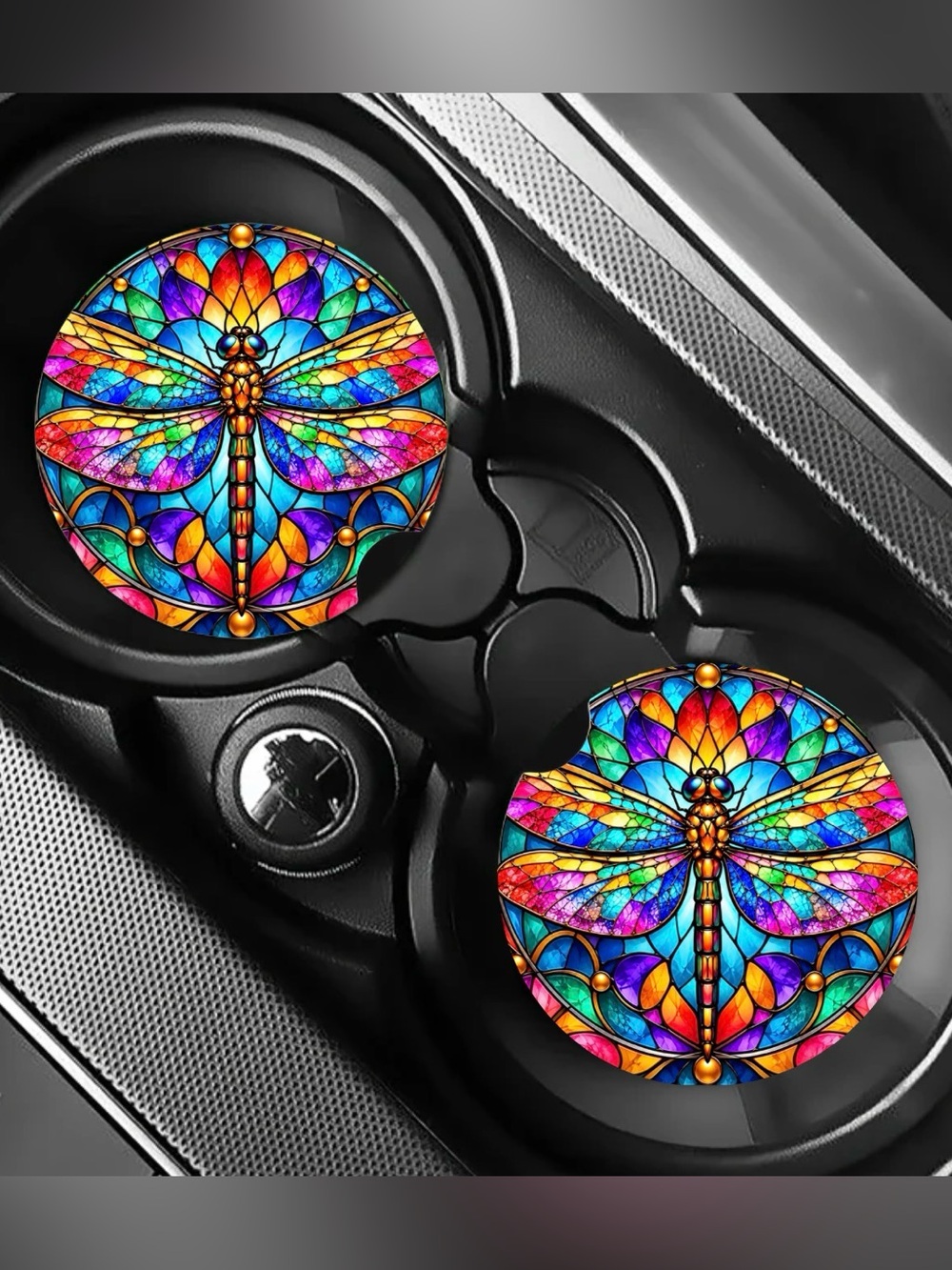 Stained Glass Dragonfly Car Coasters Absorbent Set of (2)
